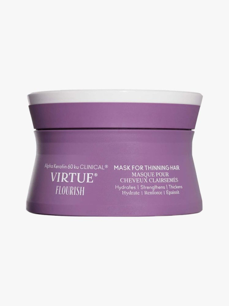 Virtue Flourish Thickening + Hydrating Mask hourglass shaped purple jar on light gray background